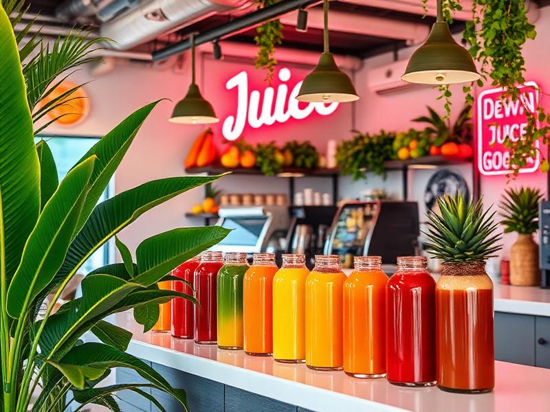 Juice bar interior with colorful bottles